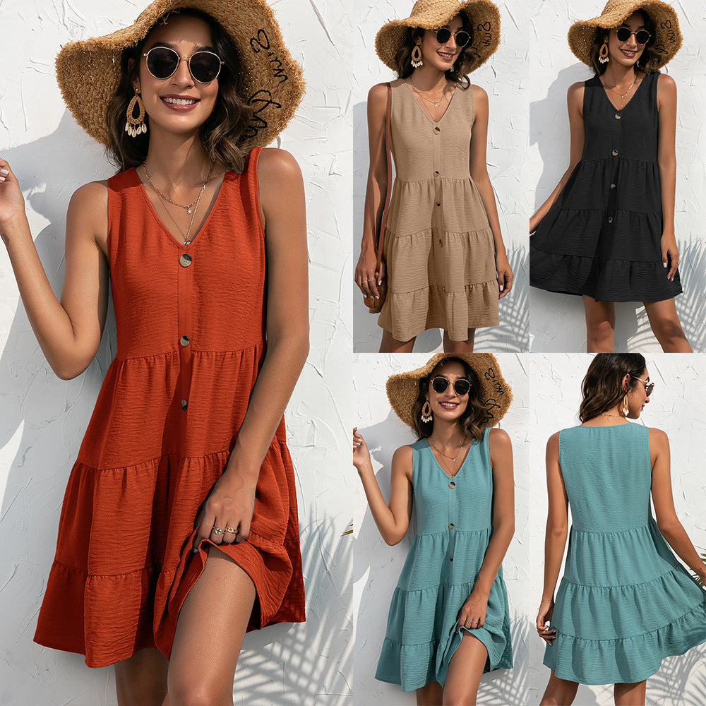 Casual V-Neck Embellished Button Sleeveless Tank Dress