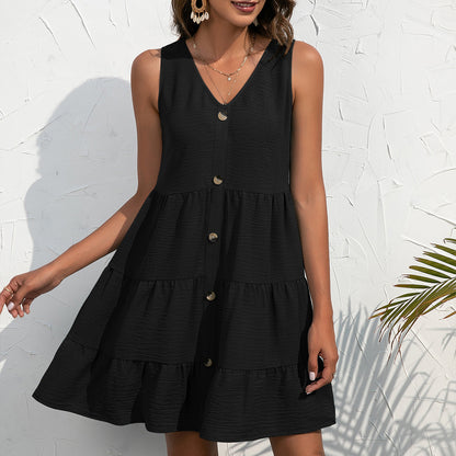 Casual V-Neck Embellished Button Sleeveless Tank Dress